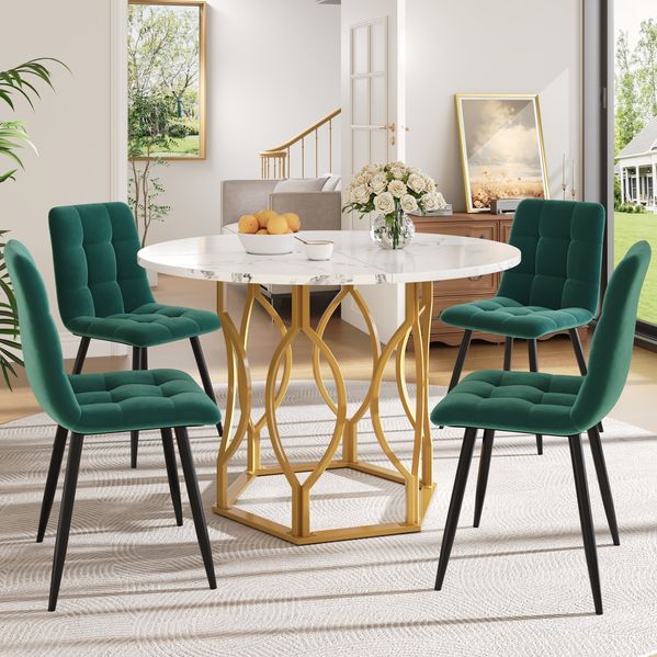Esstisch-Set 5-tlg. Rund, Tisch 76x100 cm Marmoroptik, 4 Samt-Stühle Grün