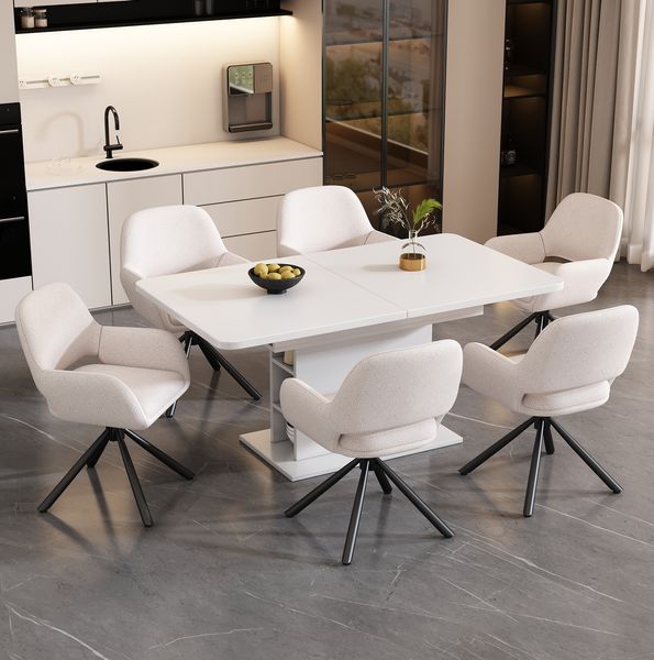 Drehbarer Esszimmerstuhl aus Sherpa in Weiß, 60 x 60 x 80 cm – 6er-Set mit Armlehnen