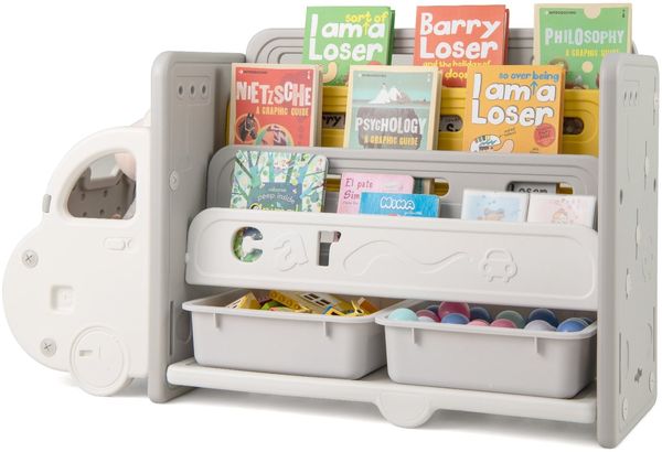 Bücherregal Kinder im Automotiv Kinderregal mit 4 Ebenen & 2 Aufbewahrungsboxen Spielzeugschrank Spielzeug-Organizer 108 x 35 x 63,5 cm