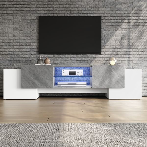 TV-Schrank Lowboard aus MDF mit Bluetooth-LED, 4 Türen & gehärtetem Glas, 180x40x46,5 cm, Weiß/Grau