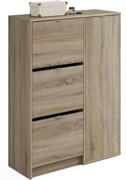 Muebles Pitarch | Eingangsschuhkipper Botero, 25 Paar Schuhe, mit 3 Türen und 2 verstellbaren Regalböden, Eiche Cambrian, 122 x 85 x 37 cm, Modell Trevi