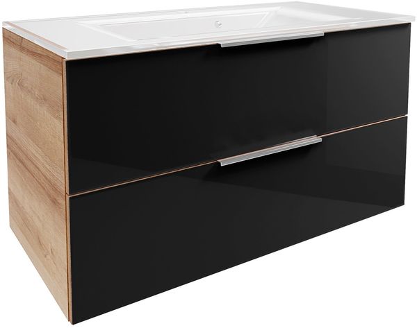 FACKELMANN B.BRILLANT Waschbecken mit Unterschrank 100 cm breit, Anthrazit Glas/Braun hell, Waschbecken Glas Weiß