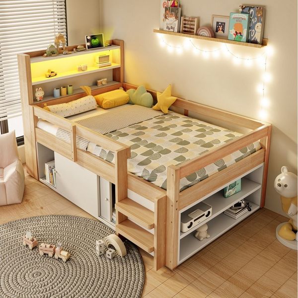 Flieks Kinderbett, Halbhochbett 90x200 cm, Schrank mit Schiebetüren, LED-Leiste & Aufladen