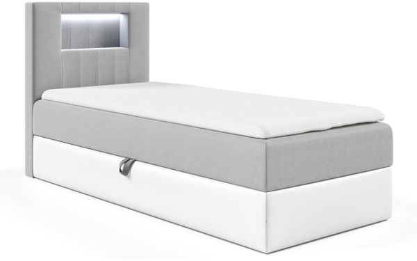 MEBLINI Kinderbett mit Bettkasten GARETH 1 90x200 Links – H3/Grau Samt Gepolstert Einzelbett mit Matratze - Polsterbett mit Stauraum - Bett mit Kopfteil – Stauraumbett