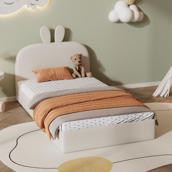 Kinder Polsterbett 90x200 mit Kaninchen-Kopfteil, Samtbezug, stabile Holzlatten, gemütliches Einzelbett für Kinderzimmer, beige