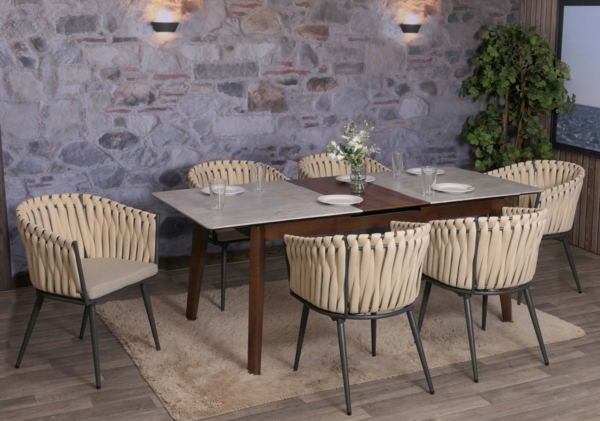 6er-Set Aluminium-Esszimmerstuhl HWC-N38, Indoor Stuhl Armlehne, Olefin Seilgeflecht Rope ~ creme Kissen hellbraun