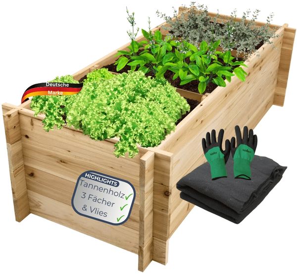 Hochbeet für Garten Holz SMARTA - 3 Fächer | Pflanzkasten aus Tannenholz Gartenbeet Pflanzenbeet für Gemüse Blumenbeet, 140x60x40cm