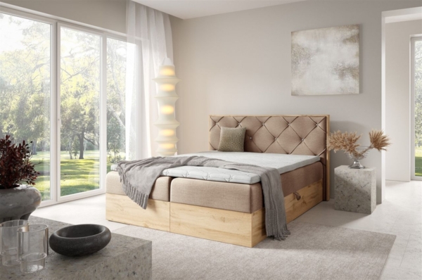 Boxspringbett Schlafzimmerbett HELIOS 160x200cm in Stoff Rouge Beige