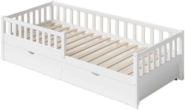 Bellabino 'Vils' Kinderbett 90x200 cm mit großer Schublade, weiß, Kiefer Massivholz, Montessori Bett mit Stauraum, mit abnehmbarem Rausfallschutz und Lattenrost Bild 2