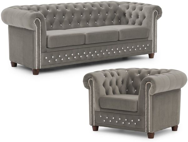 S-Style Möbel Polstergarnitur Chesterfield 3+1 Cleo Blink aus Samt mit Kristallsteppung, (1x3-Sitzer-Sofa, 1x Sessel)