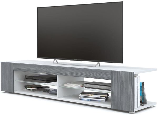 Vladon Lowboard Movie, TV-Kommode mit 4 offenen Fächern und Zierleisten, Weiß matt/Avola-Anthrazit (134 x 29 x 39 cm)