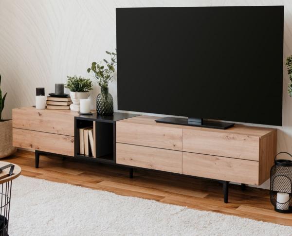 TV-Lowboard Liam in Eiche Artisan und schwarz 195 x 48 cm