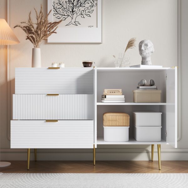 Sideboard B 120 x T 38 x H 80,5 cm aus MDF in Weiß/Gold mit 3 Schubladen & 2 Türen