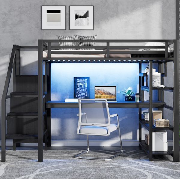 Metall-Hochbett mit Schreibtisch, Kleiderschrank & USB-Anschluss, 140x200 cm, Schwarz, ohne Matratze