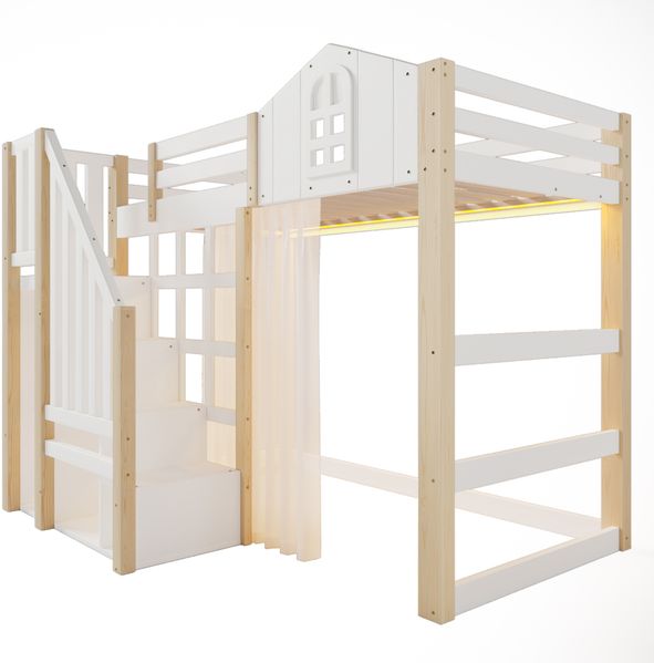 Hochbett, 90x200cm, Mit LED-Leuchten, Fensterform, Ablageleiter, offenem Staufach, Gaze, ohne Matratze, Weiß+Natur Bild 9
