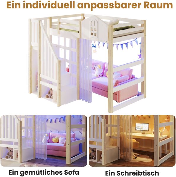 Hochbett, 90x200cm, Mit LED-Leuchten, Fensterform, Ablageleiter, offenem Staufach, Gaze, ohne Matratze, Weiß+Natur Bild 6
