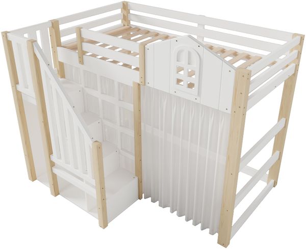 Hochbett, 90x200cm, Mit LED-Leuchten, Fensterform, Ablageleiter, offenem Staufach, Gaze, ohne Matratze, Weiß+Natur Bild 10