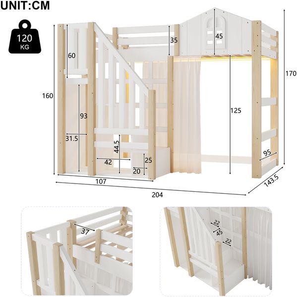 Hochbett, 90x200cm, Mit LED-Leuchten, Fensterform, Ablageleiter, offenem Staufach, Gaze, ohne Matratze, Weiß+Natur Bild 8