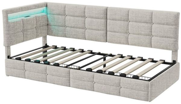 Gdood Polsterbett Daybett Jugendbett Tagesbett (1-tlg, 2 Schubladen, Geeignet für Jungen und Mädchen), Mit LED-Beleuchtung, Ladefunktion, Leinen, 90x200 cm
