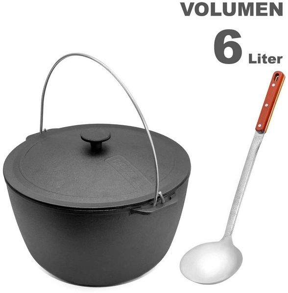 BIG-PAN Wok 6L Kazan Gusseisen Bügel Deckel Schöpflöffel