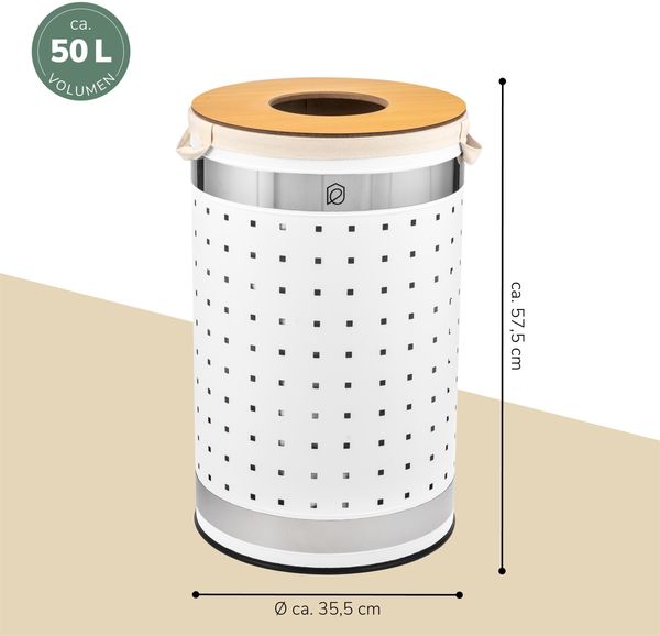 Wäschetonne mit Deckel und Wäschesack rund 50L, aus Metall weiß Bild 7