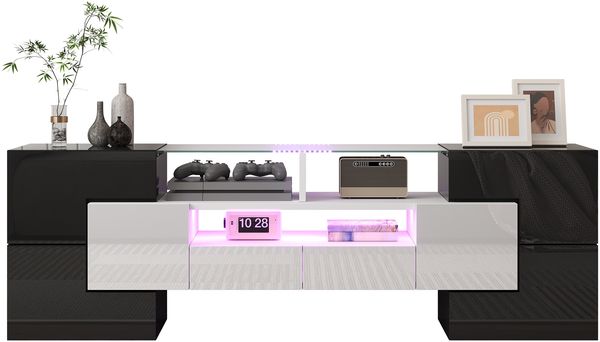 Stilvoller TV-Schrank, Lowboard. hochglänzendes Weiß, 145 cm, LED-Beleuchtung, Wohnzimmermöbel. modernes Design. elegante Glasoberfläche.