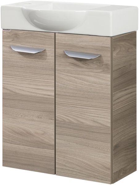 FACKELMANN SBC LUXOR Gäste WC Waschtisch Set 55 cm breit, Braun hell, Waschbecken Keramik Weiß, Hahnloch links