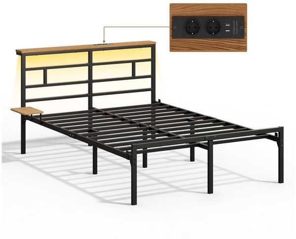 Yaheetech Metallbett Stabiler Bettrahmen mit LED-Beleuchtung & Ladestation, Doppelbett 140 × 200 cm Bettgestell mit Stauraum unter dem Bett Bild 2