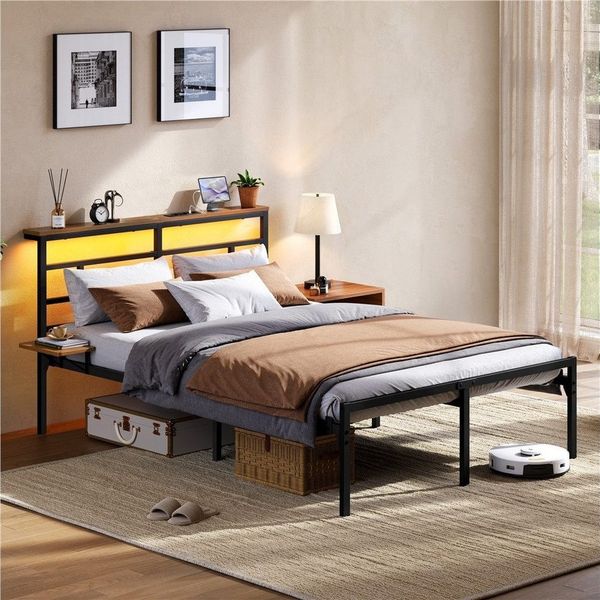 Yaheetech Metallbett Stabiler Bettrahmen mit LED-Beleuchtung & Ladestation, Doppelbett 140 × 200 cm Bettgestell mit Stauraum unter dem Bett