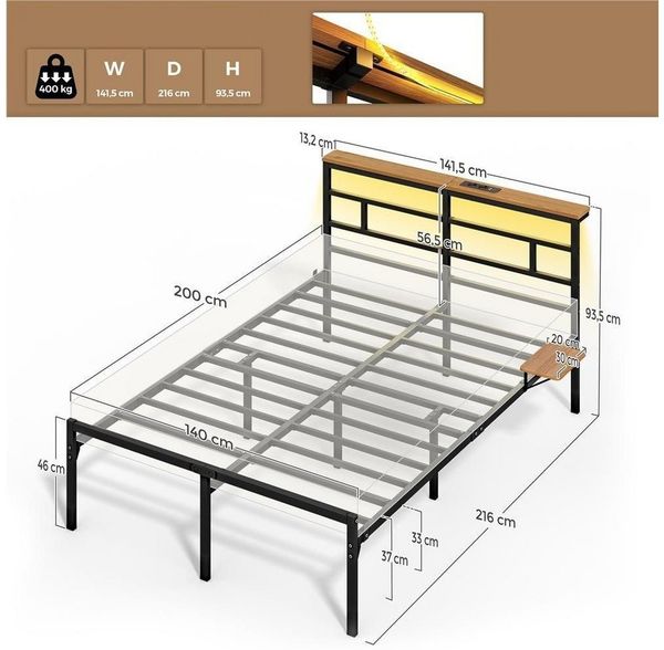 Yaheetech Metallbett Stabiler Bettrahmen mit LED-Beleuchtung & Ladestation, Doppelbett 140 × 200 cm Bettgestell mit Stauraum unter dem Bett Bild 4