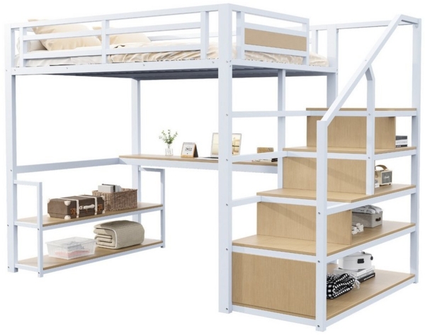 MODFU Hochbett Funktionsbett Kinderbett (Metall-Hochbett mit Aufbewahrungsleiter, Regalen & Tisch, Sicherheitszaun mit Holzpaneelen, Robuster Eisenrahmen, Platzsparend & Vielseitig, 140x200 Metall-Hochbet) ohne Matratze