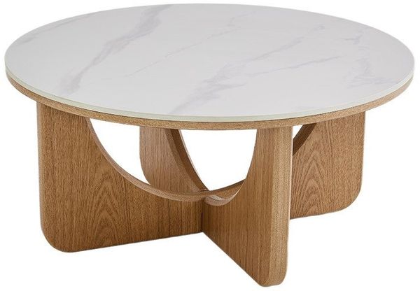 riess-ambiente Couchtisch ENSO 80cm weiß/natur - Keramik, Eiche-Design, Echtholzfurnier, rund (Einzelartikel, 1-St), Platte im Marmor-Stil & markantes Gestell - ideal für Dein Wohnzimmer