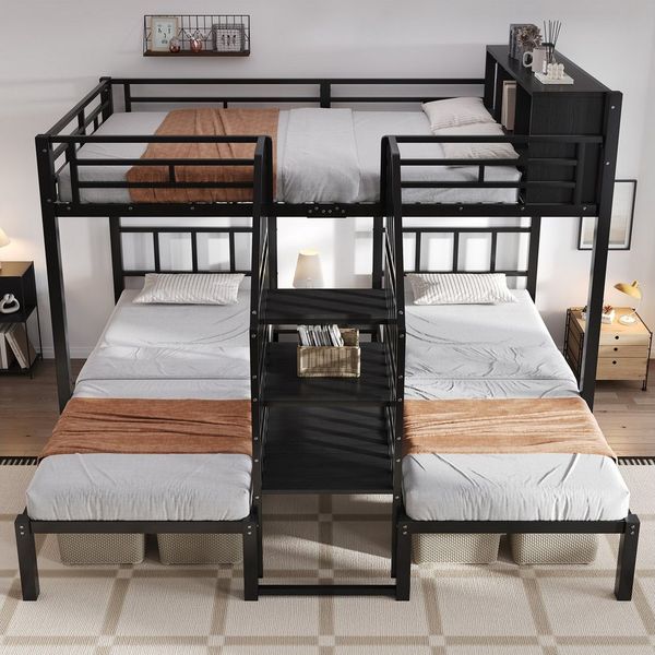 STILVORA Etagenbett 90/140x200 mit Staufach,Kinderbett Eisenbett mit Handläufen&Geländer (mit drei Schlafplätzen, Handlauf-Treppe & Stauraum oben, 90x200cm & 140x200cm), ohne Matratze