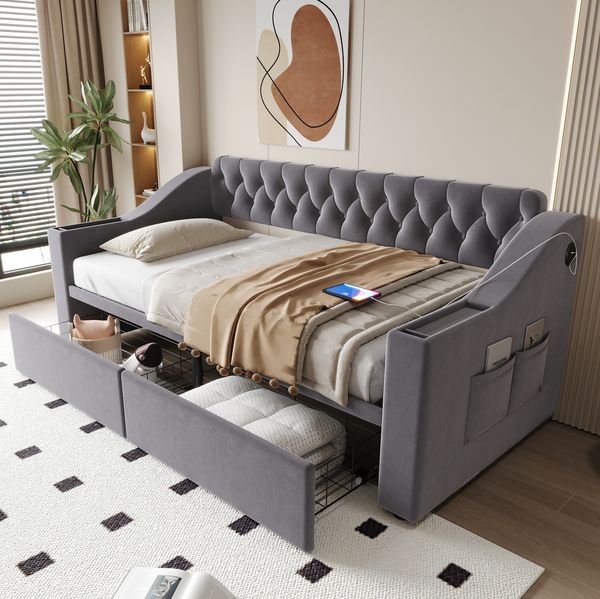 Schlafsofa, Samt mit USB-Anschluss & Stauraum, 90x190 cm, Dunkelgrau, ohne Matratze