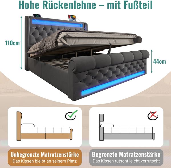 Polsterbett, Samt mit LED-Beleuchtung & USB-Anschluss, 140x200 cm, Grau, ohne Matratze Bild 8