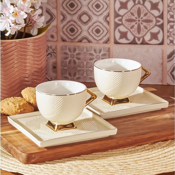 Karaca Kaffeeservice Karaca Art Deco 90 ml Kaffeetasse mit Untertasse Set 2 Personen, Creme