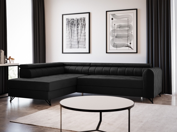 Ecksofa Alice mit Schlaffunktion und Bettkasten, Wohnlandschaft mit einstellbare Kopfstützen, Couch, Sofa, Bettsofa, Schlafsofa (Schwarz (Kronos 07), Ecksofa Links)