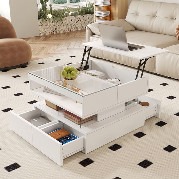 Couchtisch H 57 x T 67 x B 70 cm, höhenverstellbar mit Glasplatte, LED-Beleuchtung und Stauraum