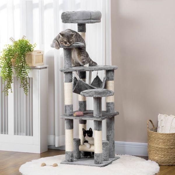 Katzenkratzbaum Groß Mit Hängematte & Plattformen - Katzenspielturm Kletterbaum Mit Sisal Und Plüsch, Grau