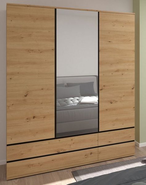 Feldmann-Wohnen Drehtürenschrank Naxos (3 Türen, 6 Schubladen, Spiegel, 1-St, moderne Holzoptik, Griffmulden) 165,2x58x210cm Eiche Artisan / schwarz matt mit Spiegel