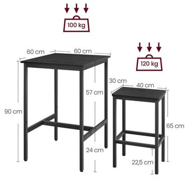 VASAGLE Bartisch mit Barhocker-Set, Esstisch mit 2 Stühlen, Küchentisch klein 60 x 60 x 90 cm, Barstühle je 30 x 40 x 65 cm, für Esszimmer, Küche, Industrie-Design, Ebenholzschwarz-Tintenschwarz Bild 3