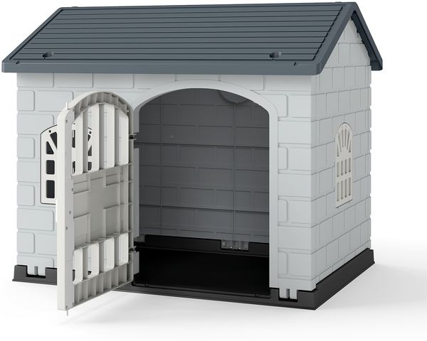 Hundehütte Kunststoff wetterfester Hundehaus mit abschließbarer Tür 3 Fenstern & Schrägdach für kleine Hunde Katzen Grau