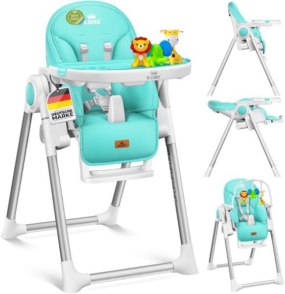KIDIZ® 3in1 Hochstuhl Kinderhochstuhl inkl. Spielbügel , Babyliege , Kombihochstuhl Babyhochsitz ,7 höhenverstellbar Verstellbare Rückenlehne , mitwachsend ab 0 Monate bis 6 Jahre Babystuhl Türkis