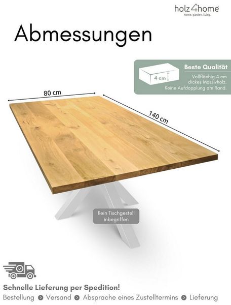 holz4home® Esstischplatte Massivholz Eiche I Gerade Kante I Massivholzplatte Naturgeölt Echtholz, Vollflächig 4cm dickes Massivholz
