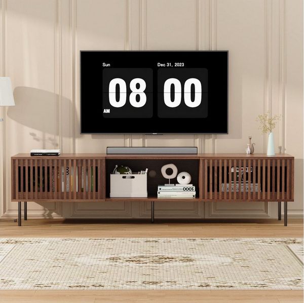 Insma Lowboard Modern TV-Schrank Fernsehrschrank mit 2 Lamellentüren 176×44×44cm, TV-Board stehend mit Stauraum & offenen Fächern