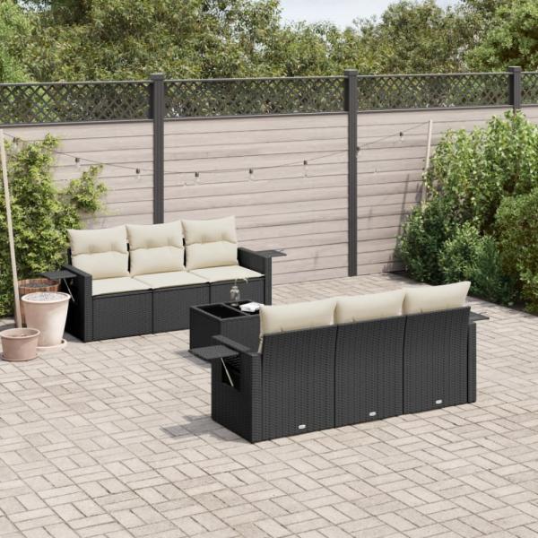vidaXL 7-tlg. Garten-Sofagarnitur mit Kissen Schwarz Poly Rattan 3219905