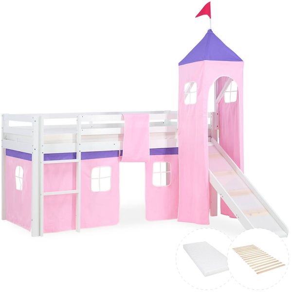 Homestyle4U Hochbett mit Matratze, Turm, Rutsche, Vorhang, Lattenrost, Rosa, 90x200 cm