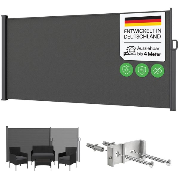 STEELSØN 'Zirella' Seitenmarkise mit Aluminium-Kassette, ausziehbar, 180x400 cm, anthrazit, Windschutz, wetterfest und blickdicht