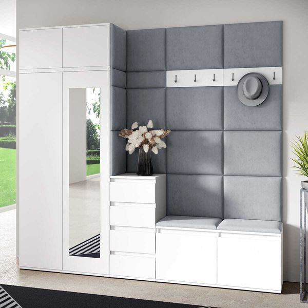 Garderoben-Set BERLIN – Kleiderschrank mit Polsterplatten, Schuhschrank und Schrankaufsatz 90 cm, für Flur und Eingangsbereich (Weiß, Trinity 14), 225 x 40 x 220 cm
