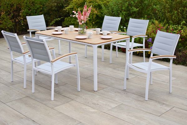 Pisa Gartenmöbel Set 7tlg, 6 Stapelsessel, Tisch 160 x 90 cm, weiß